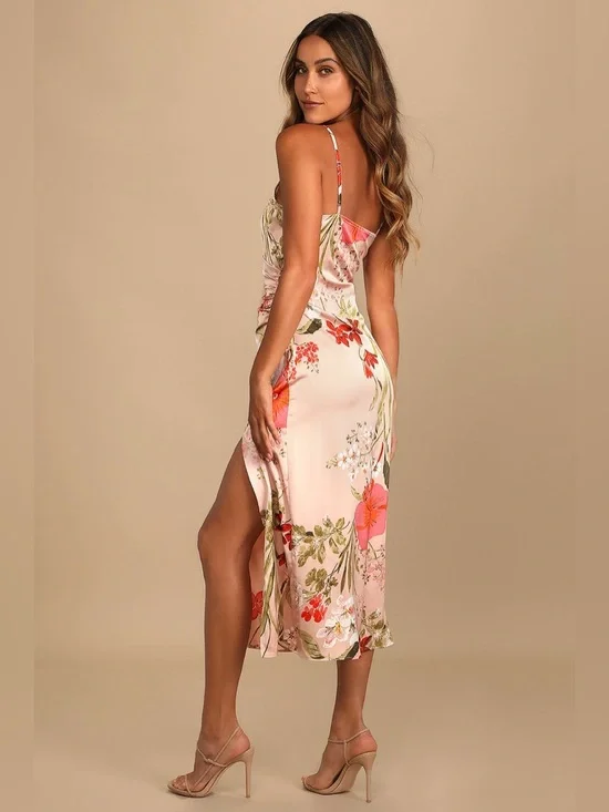 NWT Lulus Remarkable Entrance Pink Floral Print Satin Midi Dress Size XL - Picture 4 of 9